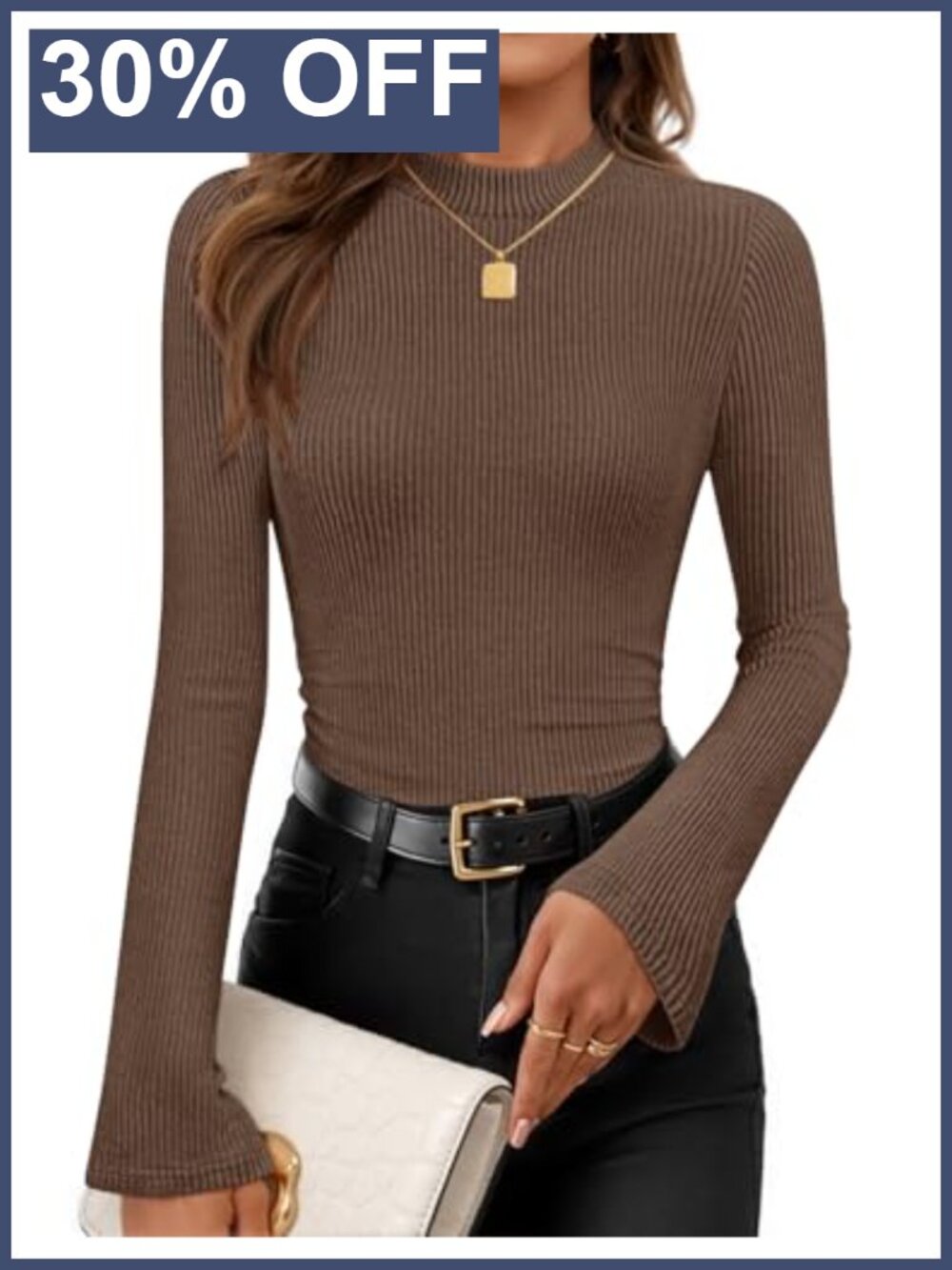 Mock Neck Long Sleeve Ribbed Knit Slim Fit Business Casual Top